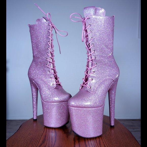 Pleaser Shoes - WORN ONCE Hella Heels Glitterati Sugar Baby Pink Midi Boot 8" Heel w Protectors